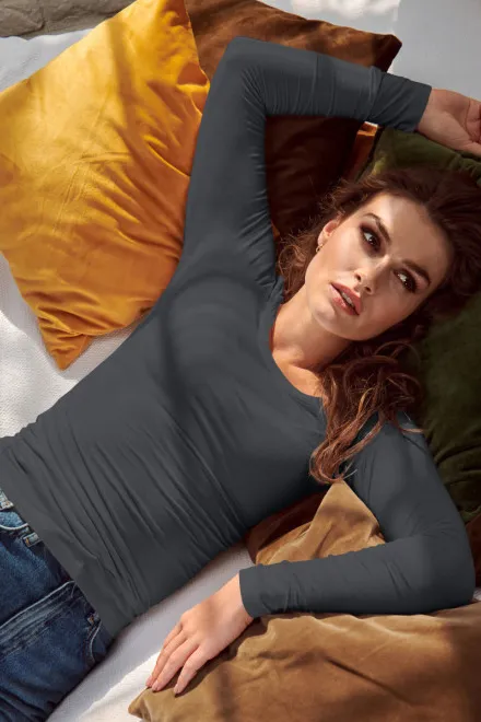 T-shirt femme à manches longues et décolleté plus profond, gris clair