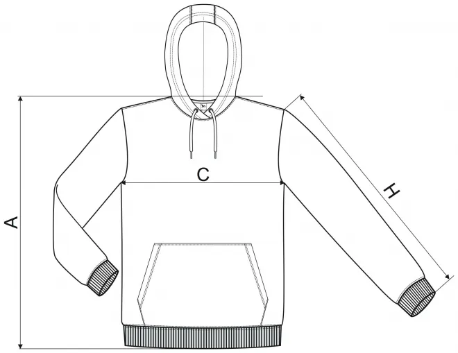 Sweat homme à capuche sans zip - tableau des dimensions